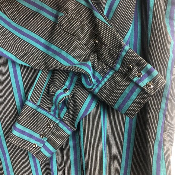 Vtg Panhandle Slim Western Pearl Snap Shirt 16-1/2 35 Blue Striped USA Pockets - Picture 6 of 10